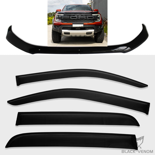 Black Bonnet Protector Stone Guard Deflector + Weathershields to suit Next Gen Ford Ranger & Raptor 2022-2023