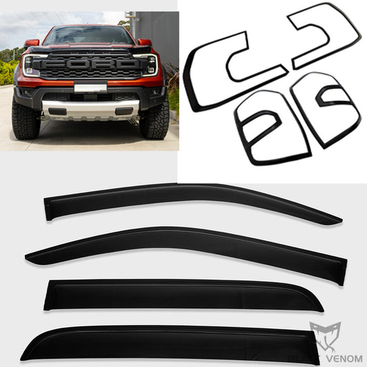 Black Weathershields & Headlight Tail Light Trims Cosmetic to suit Next Gen Ford Ranger XLT Wildtrak Sport Platinum & Raptor