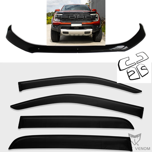 Black Bonnet Protector + Weathershields + Headlight Tail Light Trims to suit Next Gen Ford Ranger XLT Sport Wildtrak & Raptor 2022-2023